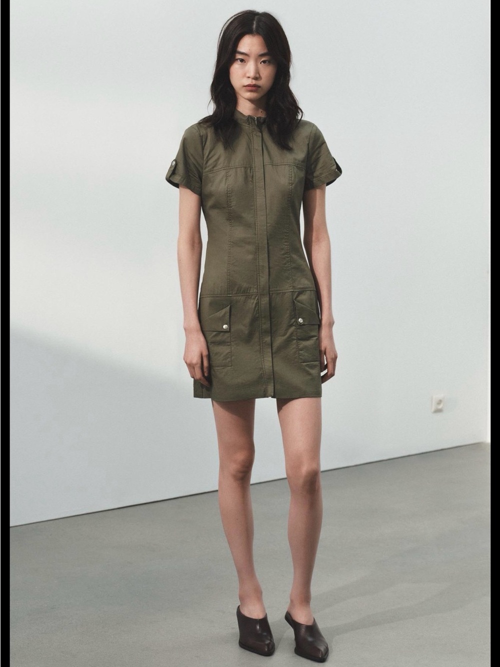 NWT ZARA Short Sleeve Shirt Dress in Olive Green